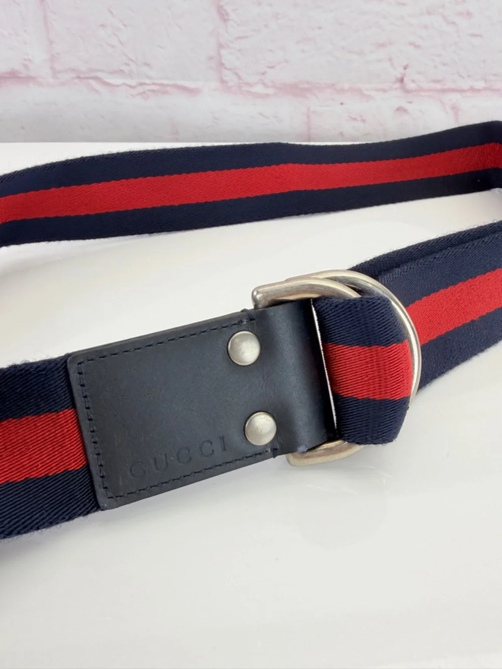 Gucci Web D Ring Unisex Navy & Red Stripe Belt 451136 100/40